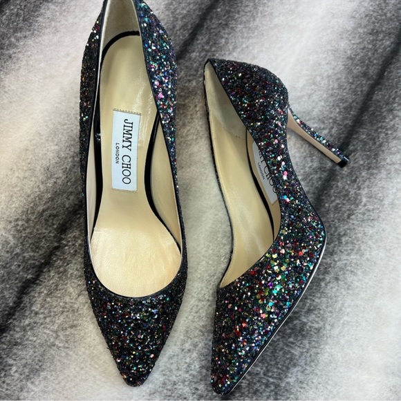 Jimmy Choo Romy 85 Boho Multi Glitter Mix Rainbow Black Heels Pumps - Picture 3 of 11